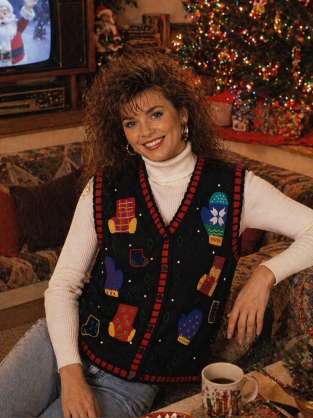Vintage Designers Originals
Christmas Sweater Vest Black.
Red Mittens. Women M.